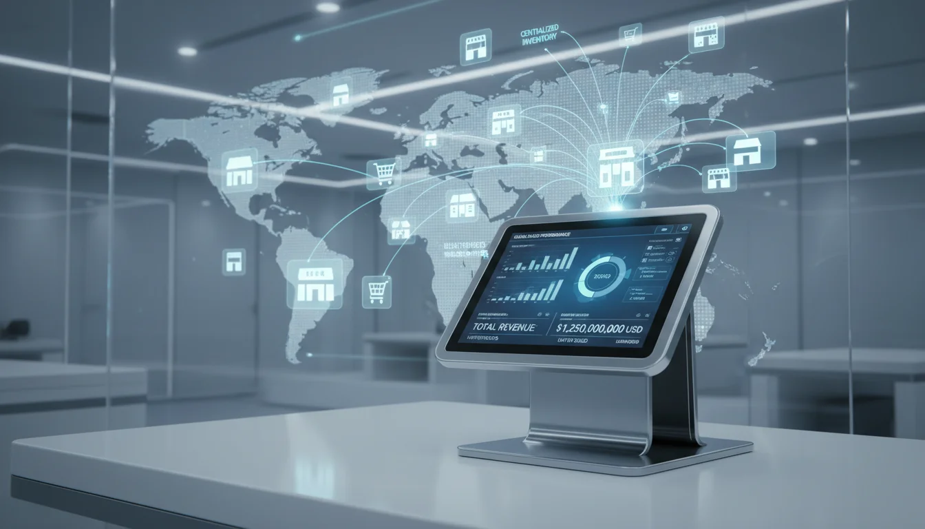 A sleek, modern POS terminal displaying sales data, with a background showing a multi-location retail store network connected by digital lines, emphasizing centralized control and inventory management across various global stores, in a futuristic, clean aesthetic.