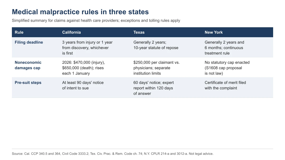 Comparison table of medical malpractice statutes of limitations, noneconomic damage caps and pre-suit expert requirements in California, Texas and New York