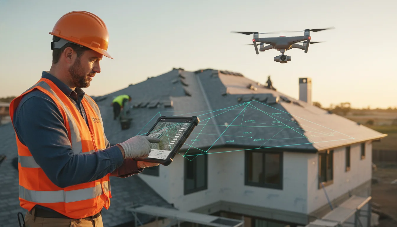 Modern roofing contractor using advanced software on a tablet, overlaying a digital roof plan with precise measurements, showcasing a blend of technology and construction, perhaps with a drone in the background. Emphasize efficiency and accuracy.