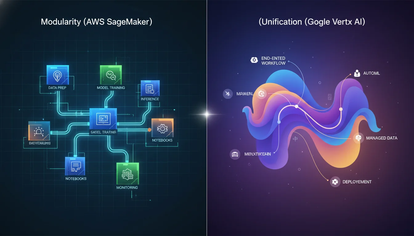 A split image contrasting modularity versus unification in cloud architecture. On one side (AWS SageMaker), show distinct, interconnected building blocks representing granular control and independent tools. On the other side (Google Vertex AI), depict a smooth, flowing, integrated system with simplified pathways, symbolizing automated workflows and ease of use. Use abstract, futuristic elements and subtle brand colors.