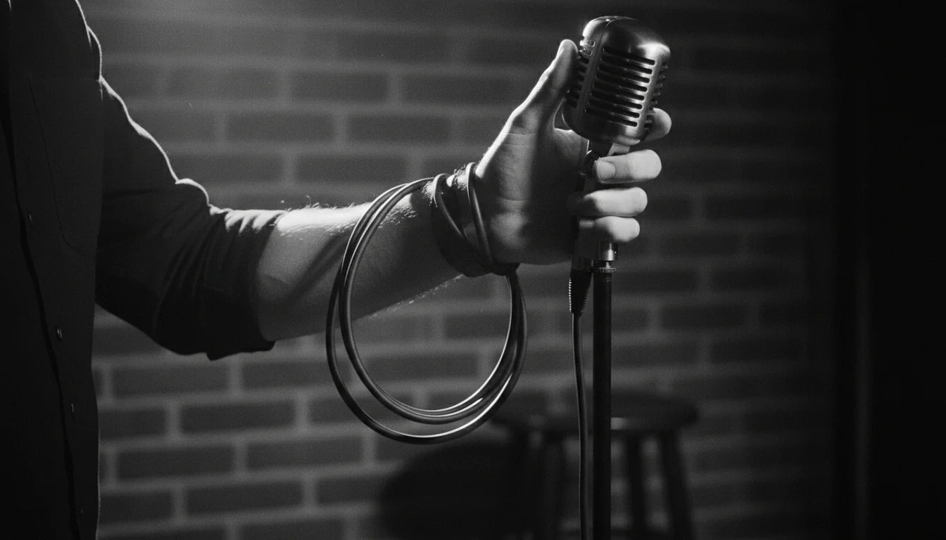 A close-up, cinematic black and white photograph of a comedian's hands expertly adjusting a microphone on a stage. The microphone cord is perfectly looped around the wrist in a professional 'cord control' technique. Deep shadows and a single harsh rim light highlight the texture of the metallic mesh and the person's skin.