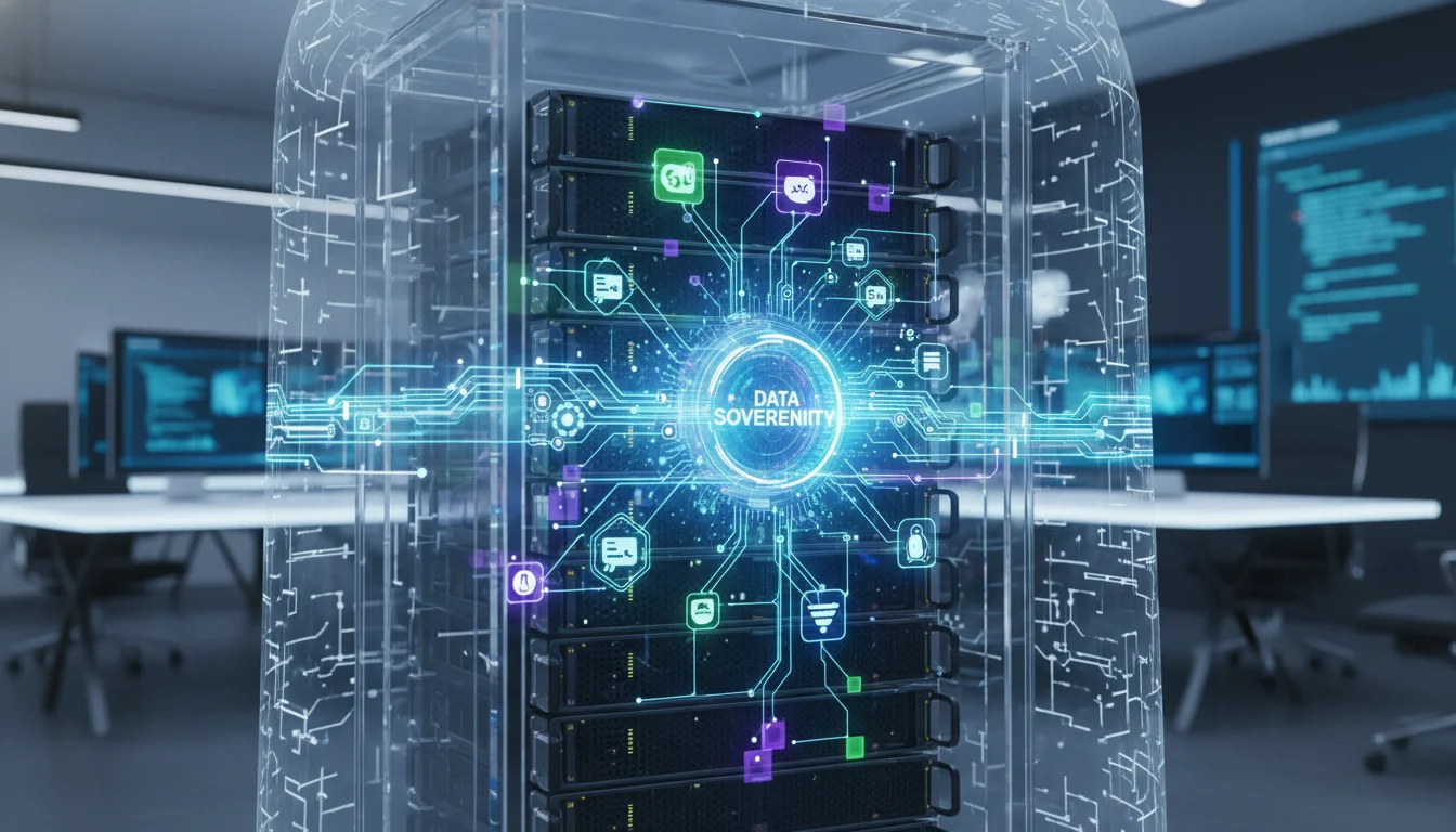 An abstract, futuristic image showing a network of interconnected open-source software icons within a secure, transparent server rack, glowing with digital data flow. Emphasize data sovereignty and control, with subtle hints of a professional digital agency environment in the background.