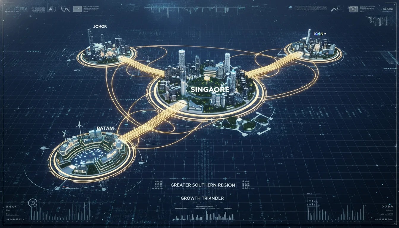 A high-tech digital map showing the Singapore-Johor-Batam (SJB) corridor. Shimmering, golden fiber-optic lines connect three stylized city hubs across a dark blue sea, representing high-speed connectivity and regional data expansion. Professional 3D rendering with architectural lighting.