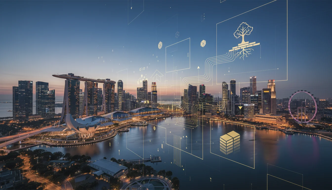 A high-end, cinematic wide-angle view of the Singapore skyline at blue hour, featuring the Marina Bay area, with elegant golden translucent overlays of geometric structures representing financial stability and multi-generational legacy. Professional, minimalist corporate aesthetic.