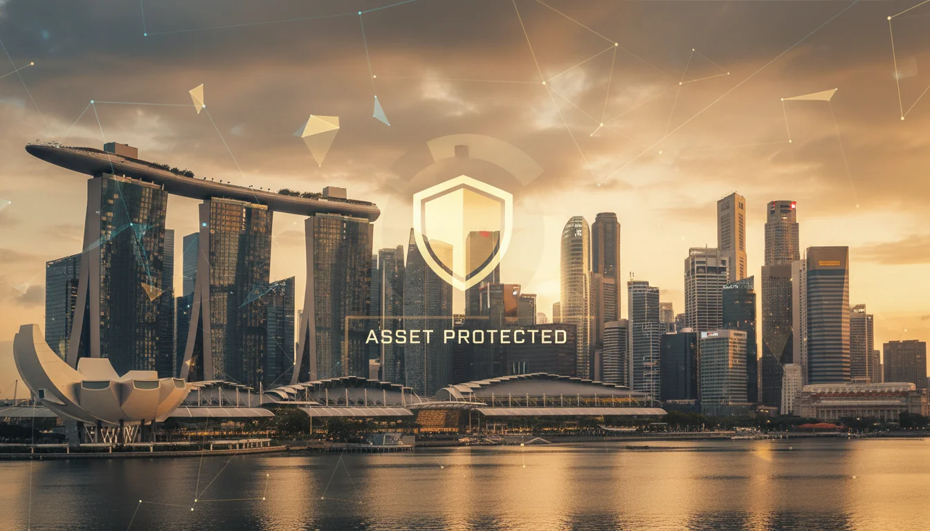 A cinematic, high-quality digital illustration of the Singapore skyline during golden hour, featuring the Marina Bay Sands and CBD, with subtle translucent geometric overlays representing financial security, digital networks, and a golden shield icon to symbolize asset protection.