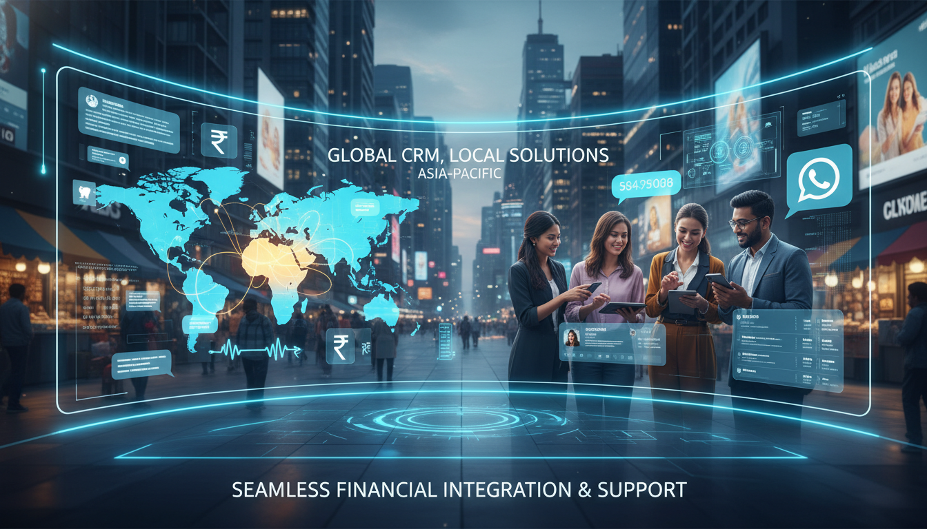 A dynamic image illustrating the intersection of global CRM technology with specific regional challenges, focusing on the Asia-Pacific market. Include elements like WhatsApp communication icons, local currency symbols (Indian Rupee, Nepalese Rupee), a stylized map highlighting India and Nepal, and diverse small business owners using modern digital tools on their mobile devices, signifying localized solutions and support and seamless financial integration.