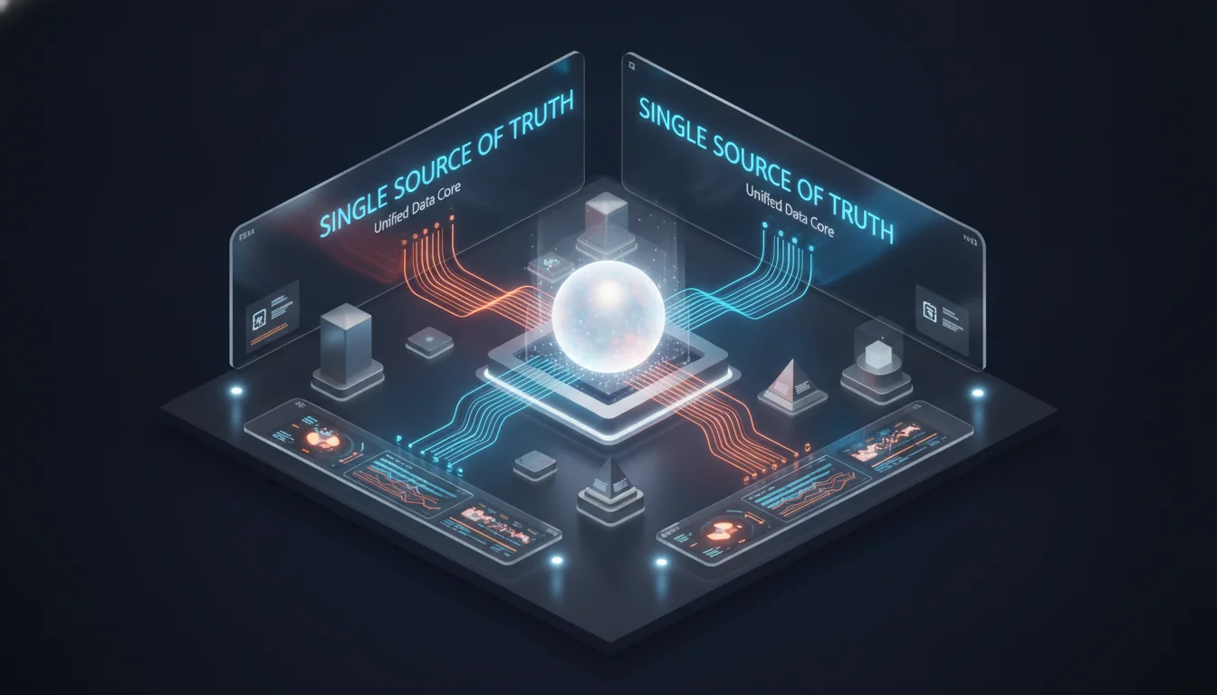 A 3D isometric view of a clean, futuristic dashboard displaying a 'Single Source of Truth.' Multiple data streams, represented as glowing lines of blue and orange light from various sources, merge into one central, glowing data core. Minimalist, corporate tech style with a dark background.