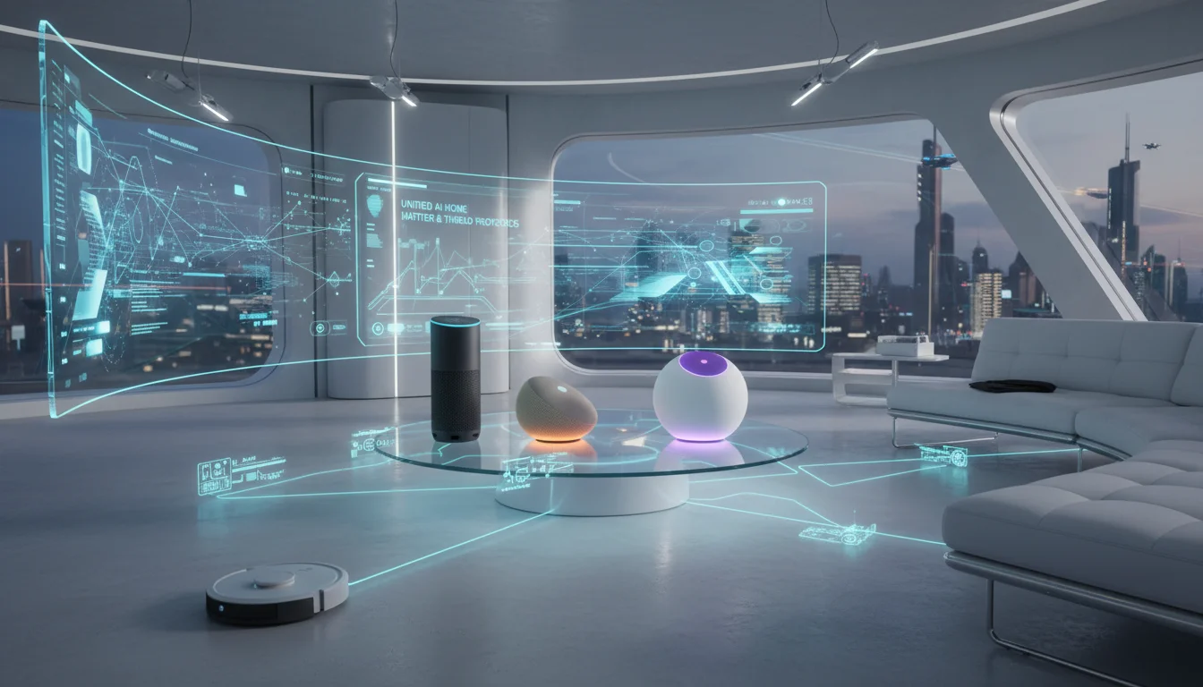 A futuristic living room showcasing Amazon Echo, Google Nest, and Apple HomePod devices. Subtle glowing lines connect them, representing unified smart home ecosystems via Matter and Thread protocols. The room emphasizes advanced AI integration and clean, high-tech design.