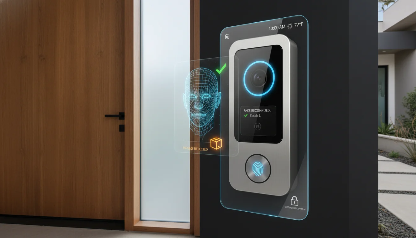 A sleek, modern smart video doorbell on a contemporary home entrance, featuring subtle digital overlays indicating AI features like facial recognition and package detection. Include elements of secure technology and residential safety.