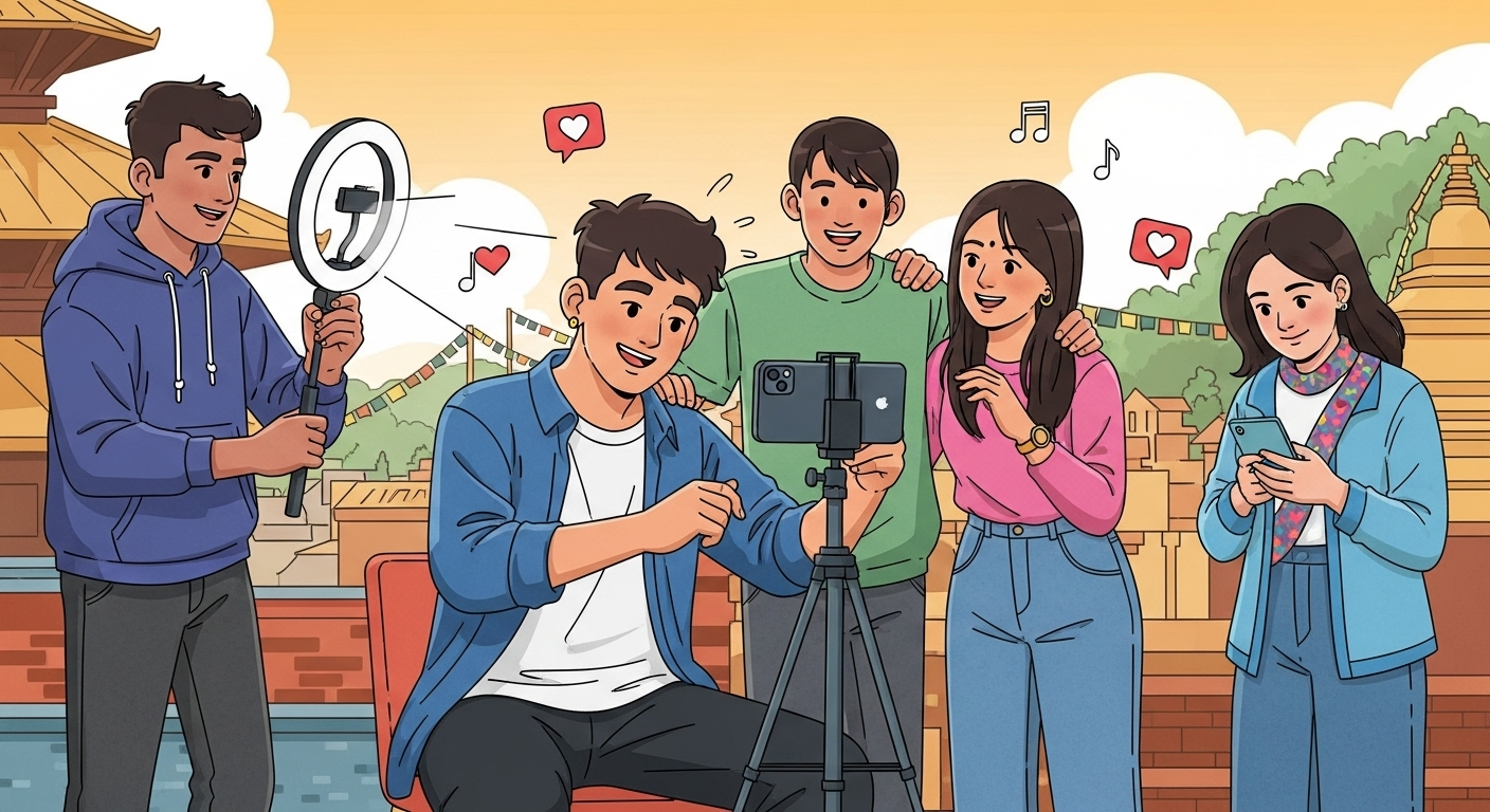 Young Nepalis creating TikTok videos
