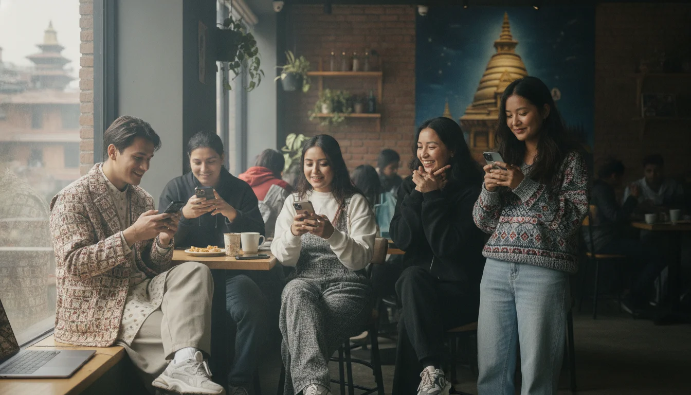 A candid lifestyle shot of a diverse group of Nepalese young adults at a modern Kathmandu coffee shop, all interacting enthusiastically with their mobile phones, capturing a mix of traditional and modern fashion, vibrant urban energy, soft natural lighting, high resolution.