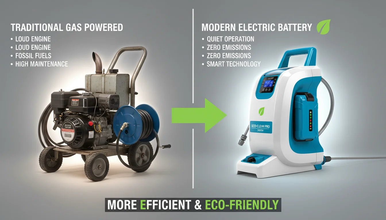 Side-by-side comparison image of a traditional gas-powered pressure washer with an older design and a sleek, modern electric battery-powered pressure washer with advanced features. Highlight their differences in power source and technology, emphasizing efficiency and eco-friendliness in exterior cleaning equipment. Clean, well-lit studio shot.