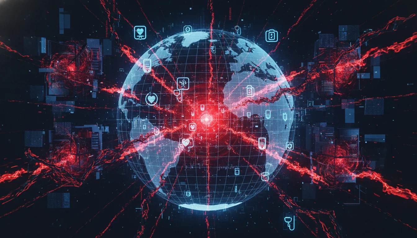 A dramatic, high-tech digital art image depicting a catastrophic cyberattack. Show a global network grid with medical device icons being corrupted by red data streams and digital fire. Abstract elements representing compromised cloud identity management systems and wiper malware. Dark, urgent tone, illustrating systemic digital destruction.
