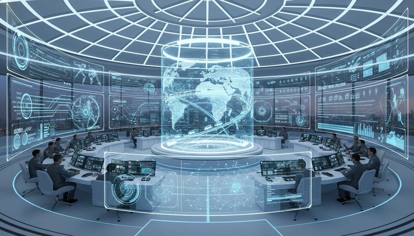 A futuristic 'channel brain' command center, showing a high-tech digital control room with multiple glowing holographic interfaces. Screens display complex logistics data flows, real-time cargo tracking, and AI-driven predictive analytics for the China-Europe Railway Express. Modern, sleek aesthetic with neon blue and white lighting.