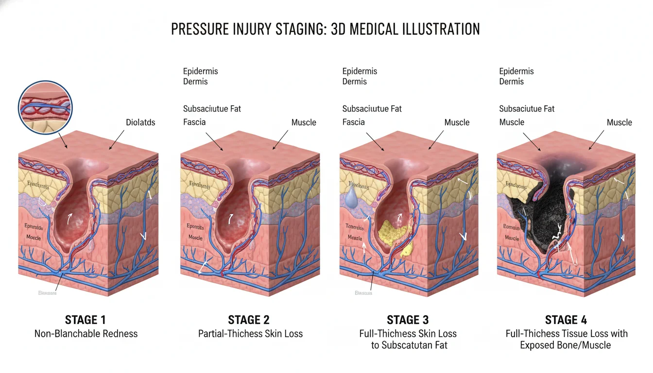 A detailed 3D medical illustration showing the cross-section of human skin tissue, depicting the four stages of pressure injury development from Stage 1 to Stage 4, clear medical diagram aesthetic.