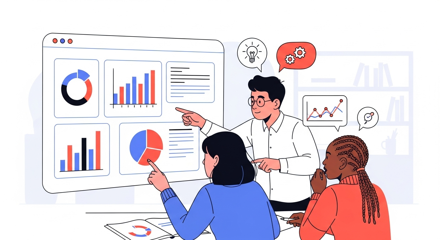 A dashboard with charts, symbolizing students discussing strategy.