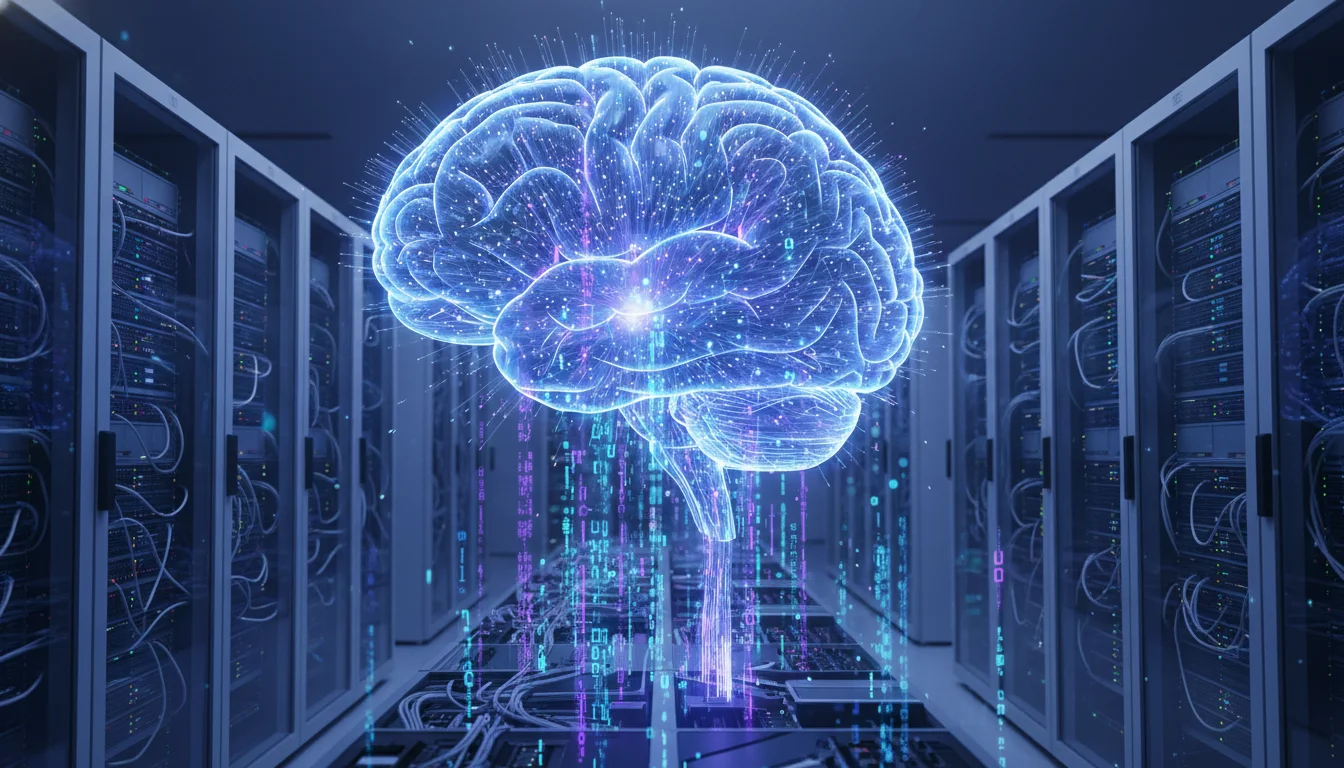 A modern, cinematic digital art piece showing a semi-transparent holographic brain constructed from glowing fiber-optic cables, floating above a server farm, with data streams flowing into it, symbolizing the integration of AI and machine learning into IT infrastructure, cool blue and purple lighting, 8k resolution.