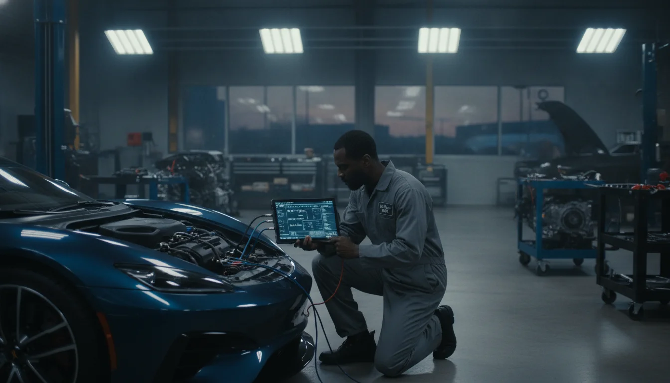 A professional cinematic shot of a modern car repair bay in Texas. A skilled mechanic is using a high-tech diagnostic tablet connected to a vehicle's engine, with blurred tools and luxury car parts in the background. The lighting is crisp and industrial, highlighting the complexity and high cost of modern automotive repair.