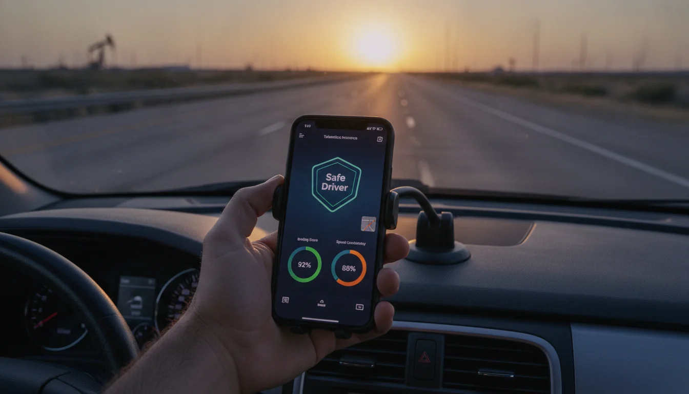 A high-quality close-up of a driver's hand holding a smartphone mounted on a car dashboard. The screen displays a sleek, modern telematics insurance app with a 'Safe Driver' dashboard, showing metrics like braking and speed in a vibrant interface. Through the windshield, a slightly blurred Texas highway is visible at sunset.
