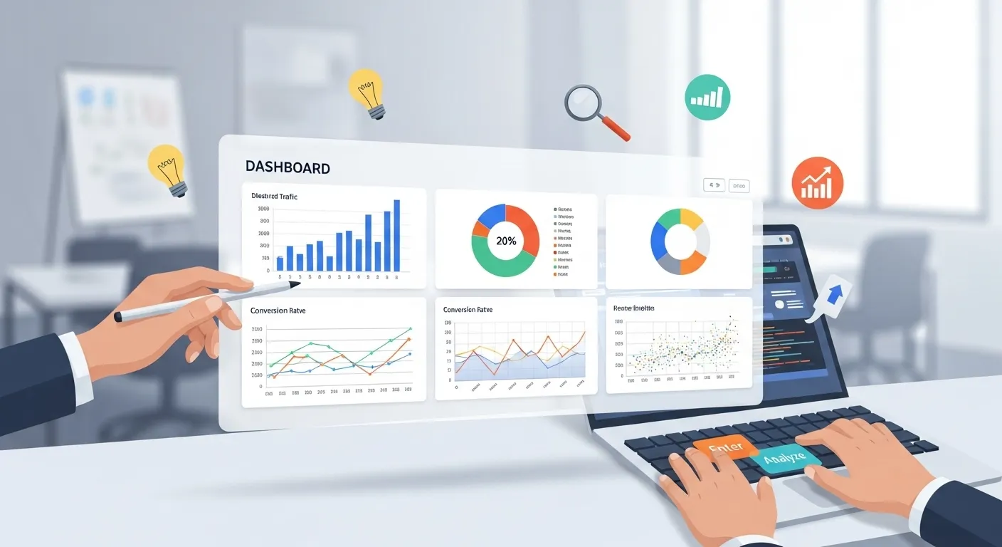 A dashboard with charts, symbolizing digital marketing students learning in a practical setting.