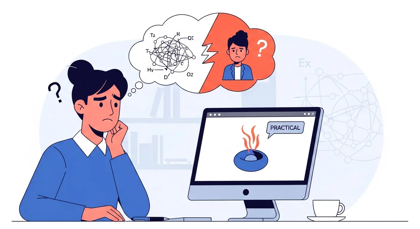 A person looking confused at a computer screen, symbolizing the challenge between theory and practice.