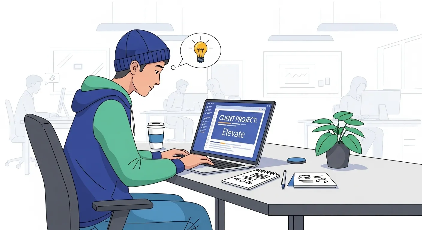 An intern working on a live client project in a tech office, symbolizing practical experience.