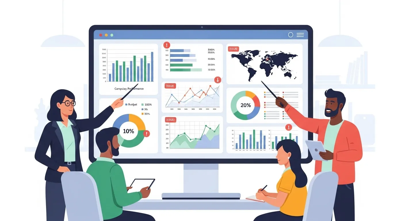 A dashboard with charts, symbolizing a marketing team reviewing campaign issues.