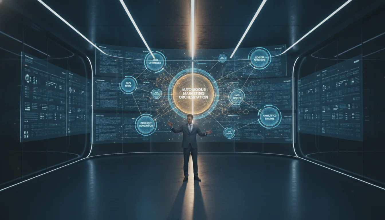 A high-tech, futuristic digital marketing command center with a human professional interacting with a holographic interface of interconnected AI agent nodes, glowing blue and gold data streams, sleek corporate aesthetic, 8k resolution, cinematic lighting, representing autonomous marketing orchestration.