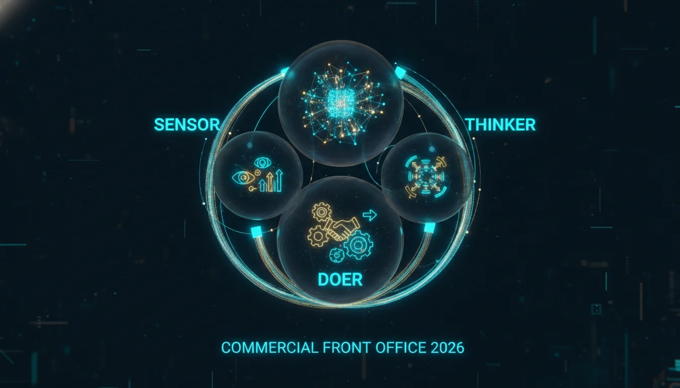 An abstract technical diagram representing the commercial front office in 2026: three distinct translucent spheres labeled 'Sensor', 'Thinker', and 'Doer' interconnected by glowing fiber-optic data streams. The Sensor sphere contains icons of digital eyes and signals; the Thinker sphere contains a complex neural network core; the Doer sphere contains gears and action symbols. Sleek, dark mode UI style with neon cyan and gold accents.