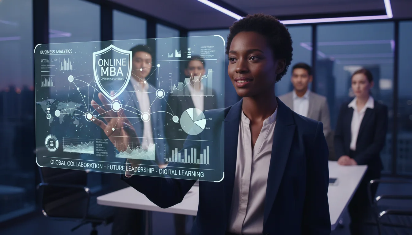 A diverse, professional person confidently interacting with a holographic interface displaying business analytics and global connections, symbolizing an online MBA. The scene should convey career growth, digital learning, and high accreditation, with no GMAT elements. Modern, sophisticated, and slightly futuristic aesthetic.