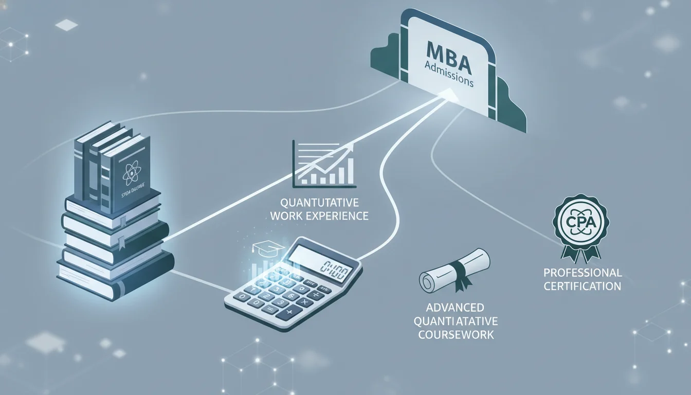 A conceptual image depicting various pathways to demonstrating quantitative proficiency for MBA admissions, without showing GMAT tests. Elements like stacked books (representing STEM degrees), a calculator with financial charts, a diploma, and a professional certification badge (CPA, CFA) subtly integrated, symbolizing diverse forms of academic rigor and professional experience. Modern, clean aesthetic.