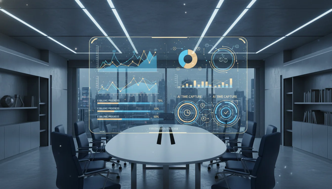 A sleek, modern law firm office interior with a digital dashboard showing financial analytics, e-billing progress bars, and AI-driven time capture icons on a glass screen, professional blue and gold color palette, high-tech legal atmosphere.