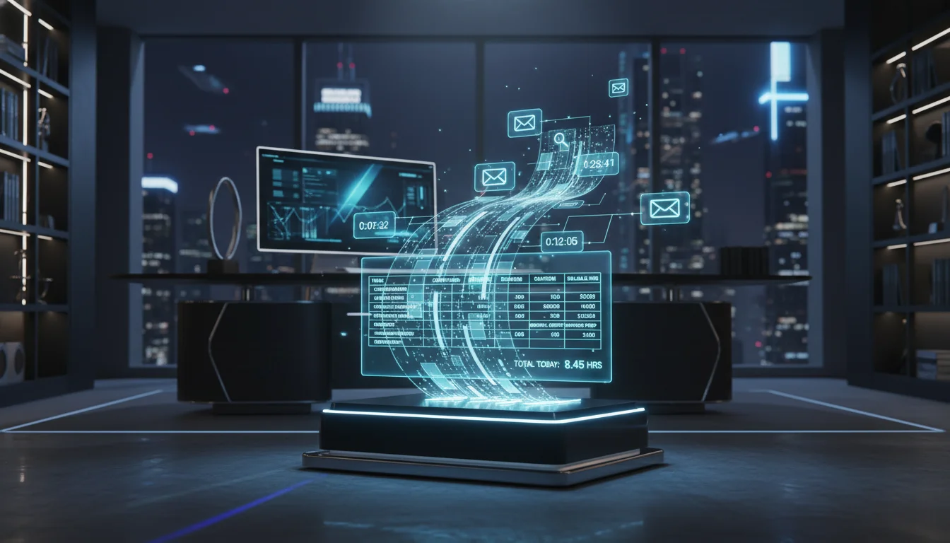 A conceptual 3D render of a futuristic 'AI Time Tracker' for lawyers: a transparent holographic stream of billable tasks (emails, research, Zoom calls) flowing into a glowing digital ledger, set against a dark, professional executive office backdrop, cinematic lighting, ultra-modern tech aesthetic.