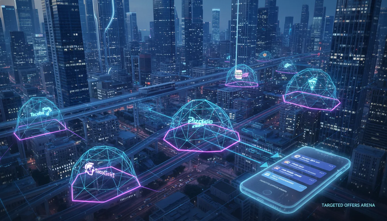A futuristic digital map overlaying a city with glowing polygonal geofences around quick-service restaurants, with a smartphone icon in the foreground indicating targeted marketing messages. Focus on technology, data, and food industry.