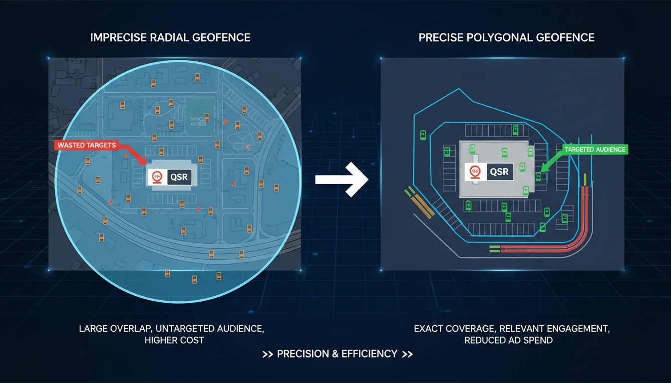 A side-by-side comparison illustrating two geofencing methods: on the left, a large, imprecise circular (radial) geofence over a city map encompassing a QSR, highways, and unrelated buildings, with irrelevant devices highlighted; on the right, a highly precise polygonal (plat-line) geofence tightly outlining only the QSR and a competitor's drive-thru lane, with targeted devices highlighted. Emphasize the precision and waste reduction of polygonal mapping in a digital, analytical style.