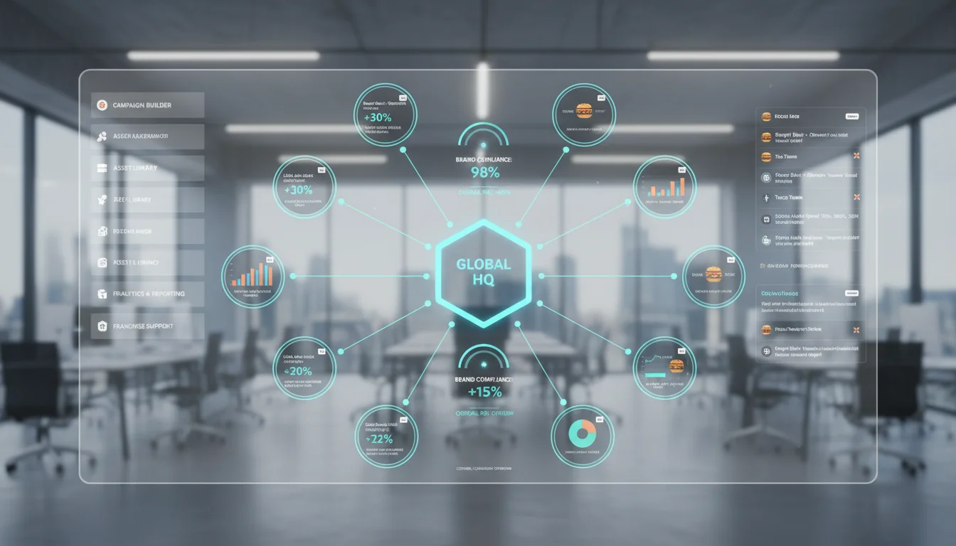 A visual representation of a centralized franchise marketing dashboard: in the center, a corporate headquarters icon with radiating lines connecting to multiple smaller QSR franchise icons. Each franchise icon has a local dashboard interface, showing individual campaign metrics within corporate brand guidelines. Use a clean, modern UI/UX style to convey control, autonomy, and efficiency.