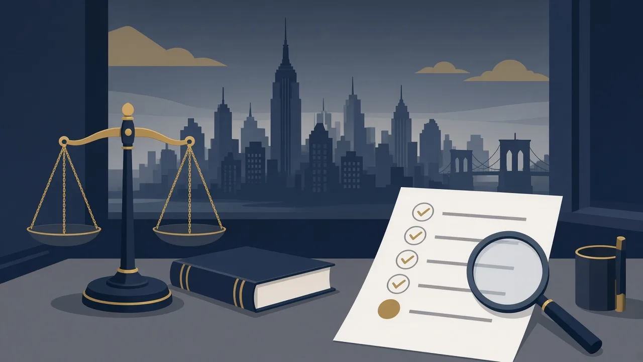 Scales of justice, a law book and a checklist in front of the New York skyline