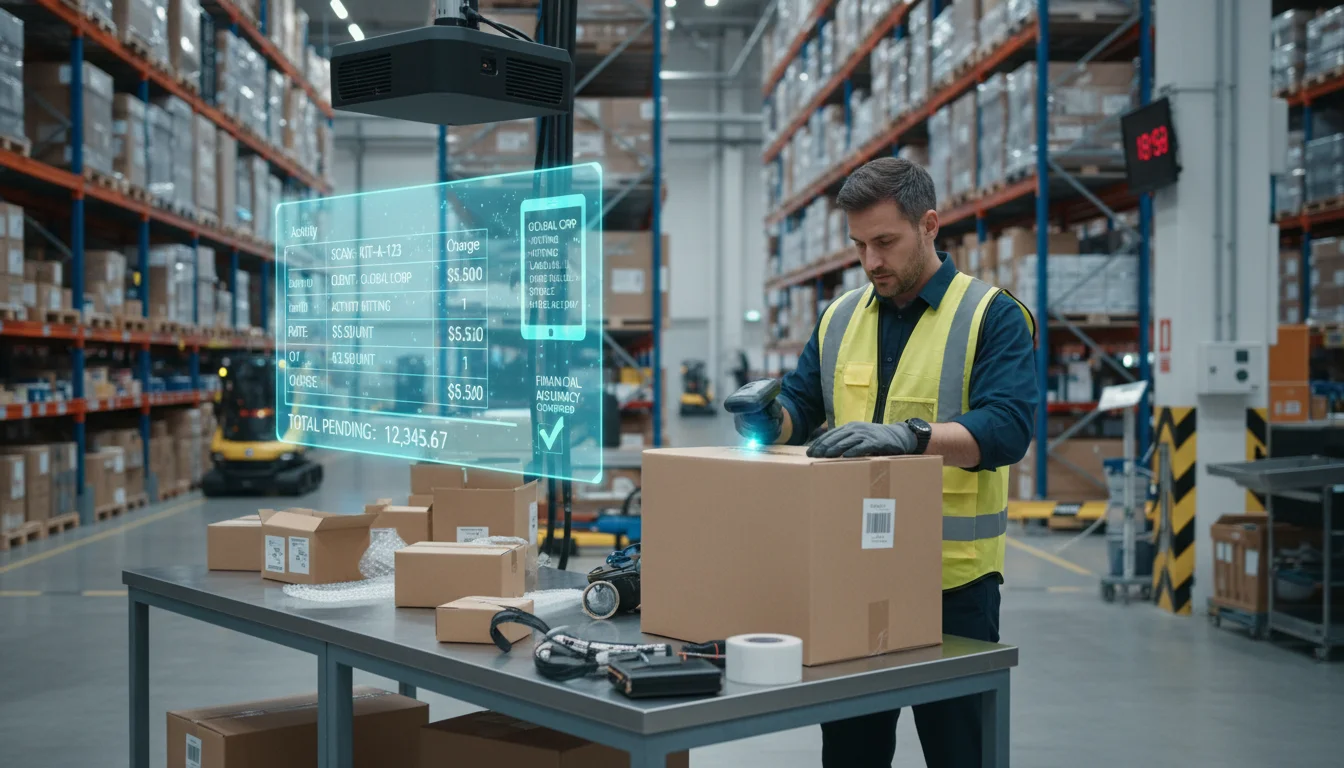 An image illustrating automated billing in a warehouse setting. A worker is scanning a package or performing a value-added service (like kitting or labeling), and in the background, a digital overlay or holographic display shows an automated billing system instantly logging the activity and calculating charges based on a client's rate card. Focus on real-time data capture and financial accuracy.