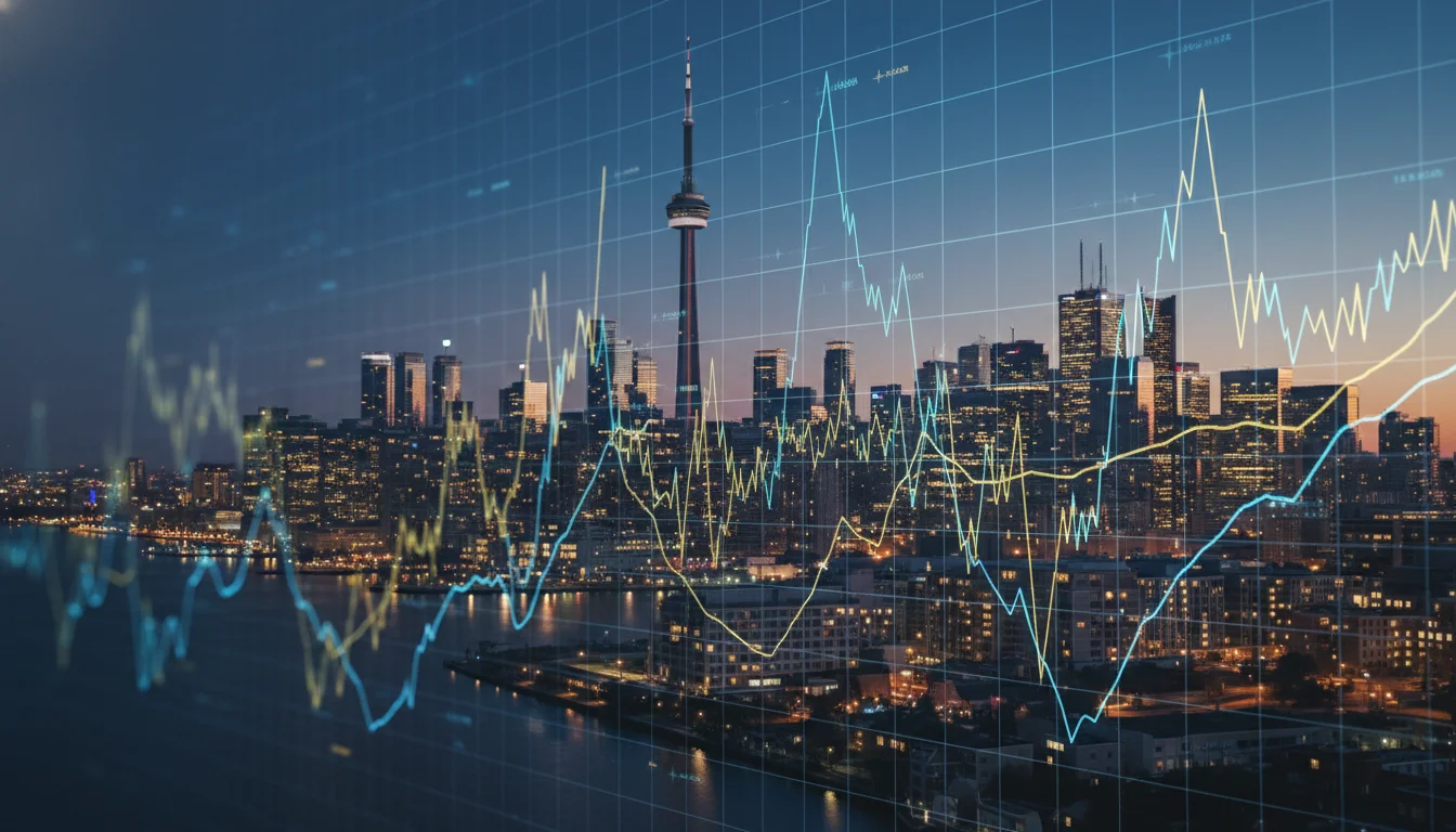 A professional cinematic wide shot of the Toronto skyline featuring the CN Tower at dusk, overlaid with transparent 3D glowing financial line graphs showing market volatility, high-end corporate aesthetic, 8k resolution, photorealistic.