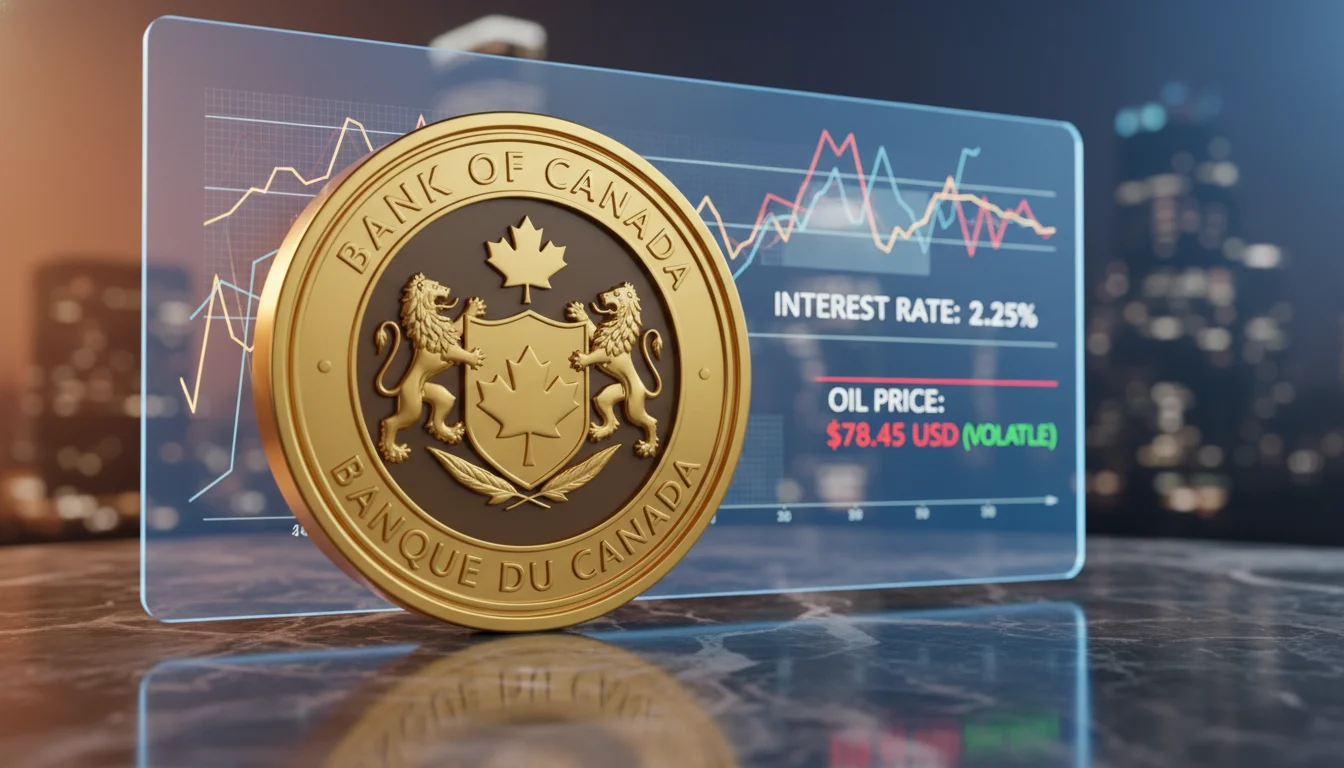 A high-detail 3D render of a golden Bank of Canada seal resting on a dark marble surface, with a futuristic digital interface in the background displaying live financial data, 2.25% interest rate, and a volatile oil price ticker, soft amber and blue cinematic lighting.