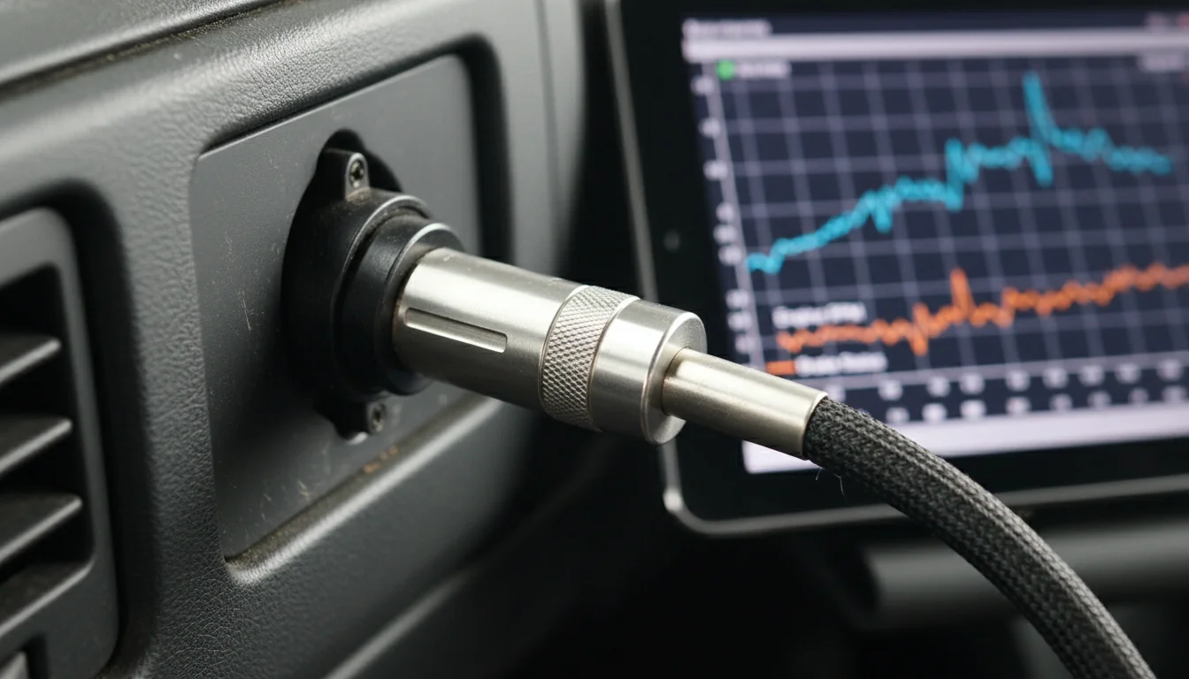 A macro photograph of a heavy-duty commercial truck's diagnostic port with a specialized data retrieval cable plugged in. The connector is rugged and metallic, set against the textured plastic of a truck's interior dashboard. In the background, a digital tablet displays a complex line graph showing 'Engine RPM' and 'Brake Status' in vibrant colors. Sharp focus on the connection, industrial tech aesthetic.