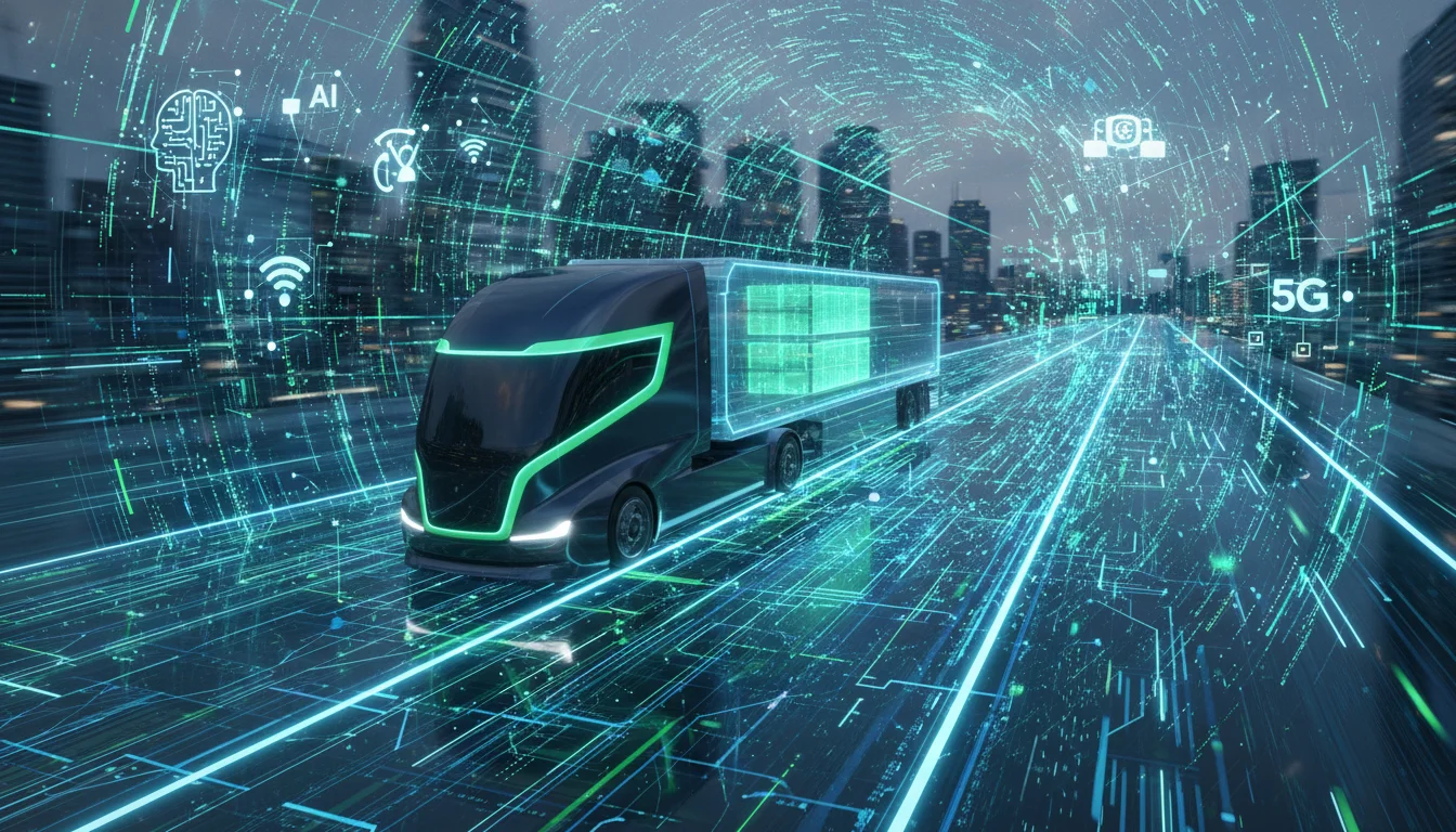 A futuristic semi-truck driving on a digital highway, with abstract data streams and network lines flowing around it, representing real-time telematics and digital transformation. Incorporate subtle icons of AI, IoT, and 5G. Emphasize efficiency and modern logistics with a blue and green color scheme.