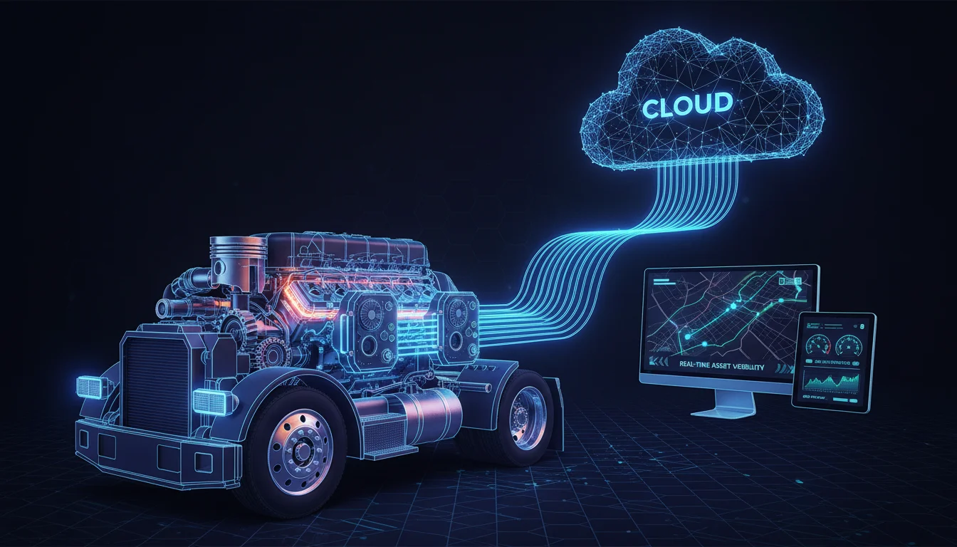 A stylized diagram showing data flowing from a semi-truck's engine (represented by internal mechanics) through telematics devices to a cloud symbol, then to a dashboard or computer screen with a map, illustrating real-time asset visibility and data streams. Use a modern, digital aesthetic with glowing lines.