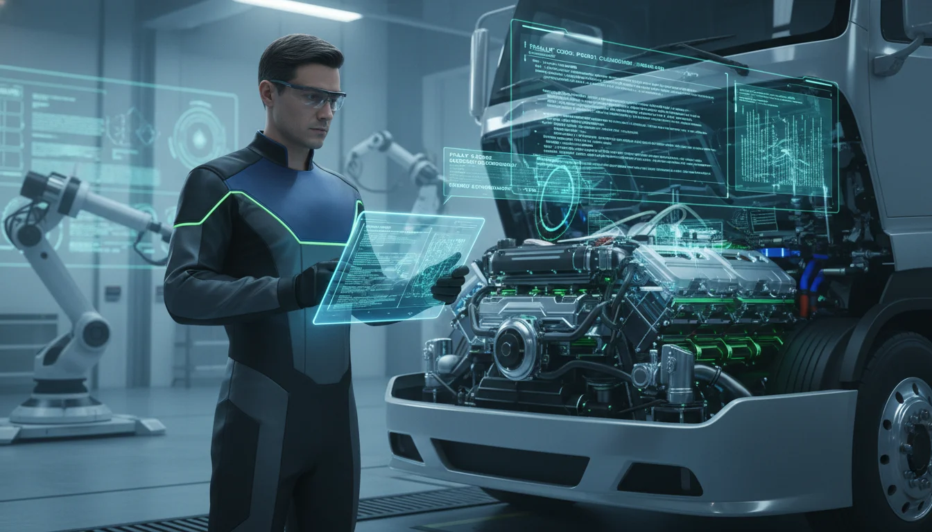 A futuristic mechanic using a tablet to diagnose a semi-truck's engine, with augmented reality overlays showing diagnostic data, fault codes, and predictive maintenance insights. Emphasize a clean, efficient workshop environment with a blue and green color scheme.