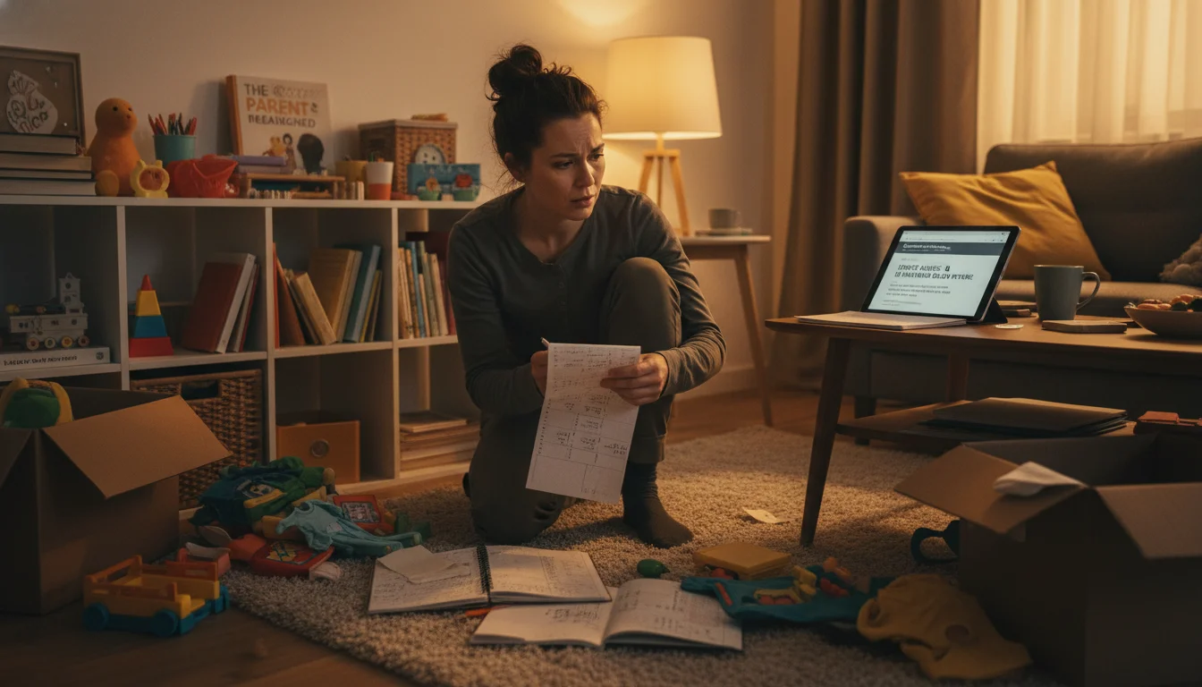 A parent (gender-neutral) meticulously and anxiously organizing children's items, surrounded by overflowing to-do lists, open parenting books, and conflicting expert advice, depicting the overwhelming pressure of perfectionistic and intensive parenting, with a subtle feeling of exhaustion. The setting is a modern, slightly cluttered home. The parent's facial expression shows a mix of determination and anxiety. High detail, warm lighting.