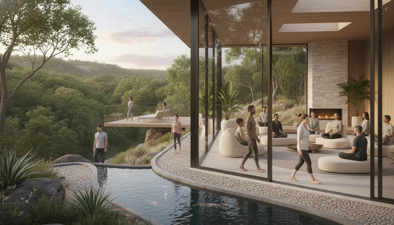 A serene, modern wellness retreat center in the USA, with diverse individuals participating in therapeutic activities like meditation, mindfulness exercises, or quiet reflection, surrounded by calming natural elements. Emphasize a sense of peace, healing, and recovery from stress.