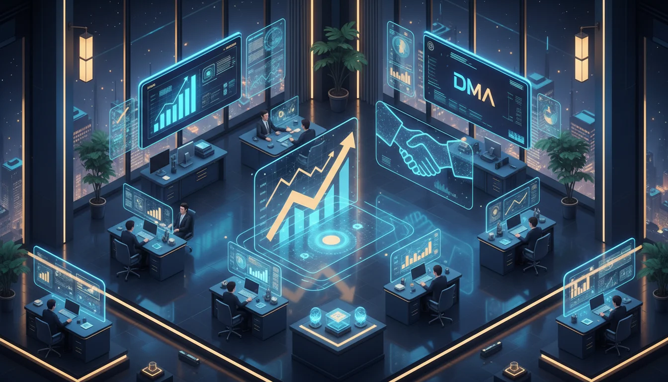 A professional cinematic 3D isometric illustration of a digital marketing agency office floor with holographic data charts, financial growth graphs, and a handshake symbol representing a merger, high-tech aesthetic, corporate blue and gold color palette, 8k resolution.