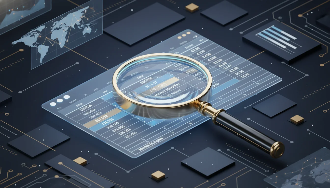 A high-tech 3D isometric illustration showing a magnifying glass focusing on a digital spreadsheet where the rows 'EBITDA' and 'Market Multiples' are glowing, sleek corporate blue and gold accents, 8k resolution.