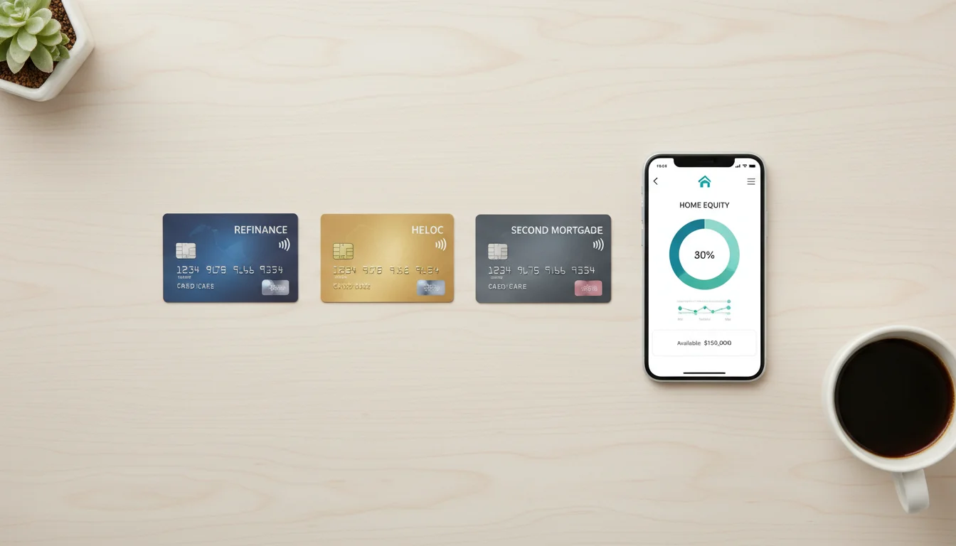 A high-resolution, photorealistic top-down view of a modern desk with three different credit cards representing 'Refinance', 'HELOC', and 'Second Mortgage', placed next to a sleek smartphone showing a financial banking app with a home equity chart, clean minimalist aesthetic.