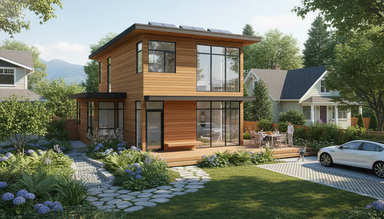 A photorealistic architectural visualization of a modern, two-story laneway house in a vibrant Vancouver residential neighborhood during a bright summer day, with contemporary wood siding and large windows, surrounded by a manicured garden.